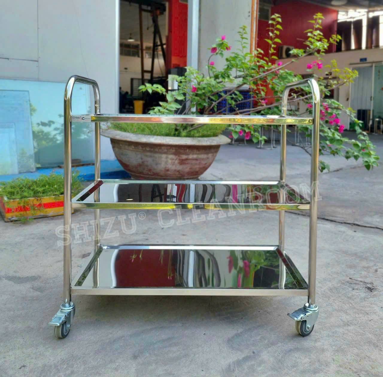 Xe đẩy inox phòng sạch SHiZU ba tầng có bánh xe