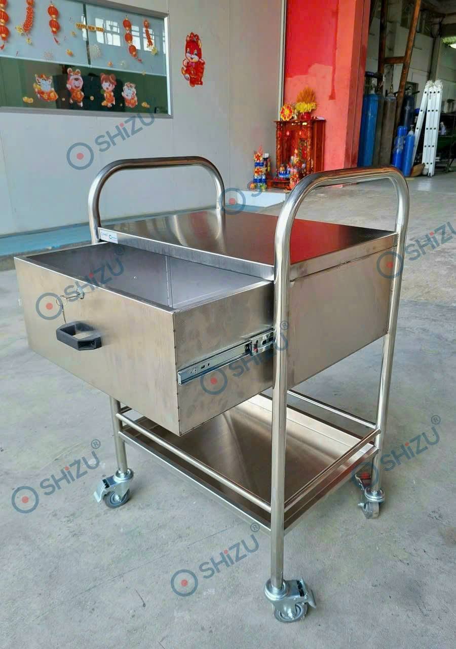 Xe đẩy inox SHiZU có ngăn kéo và mặt tầng dưới