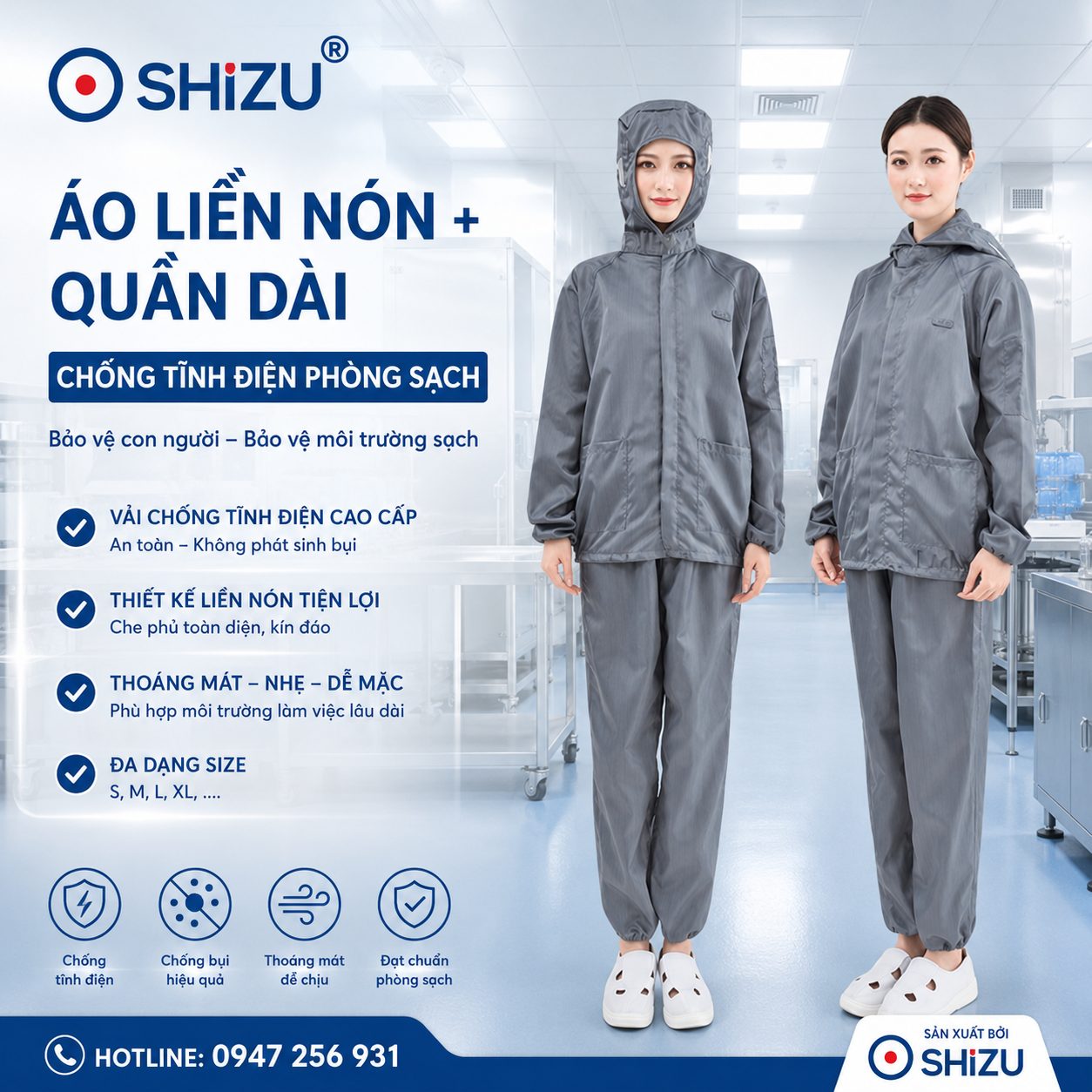 Áo liền nón phòng sạch & Quần dài chống tĩnh điện | SHiZU CLEANROOM