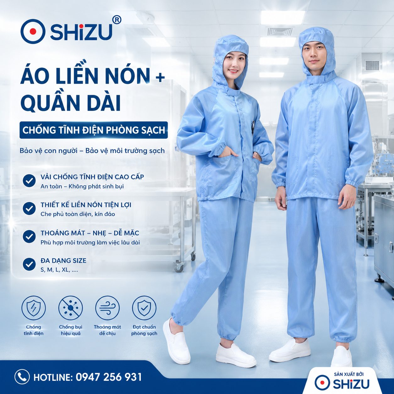 Áo liền nón phòng sạch & Quần dài chống tĩnh điện | SHiZU CLEANROOM