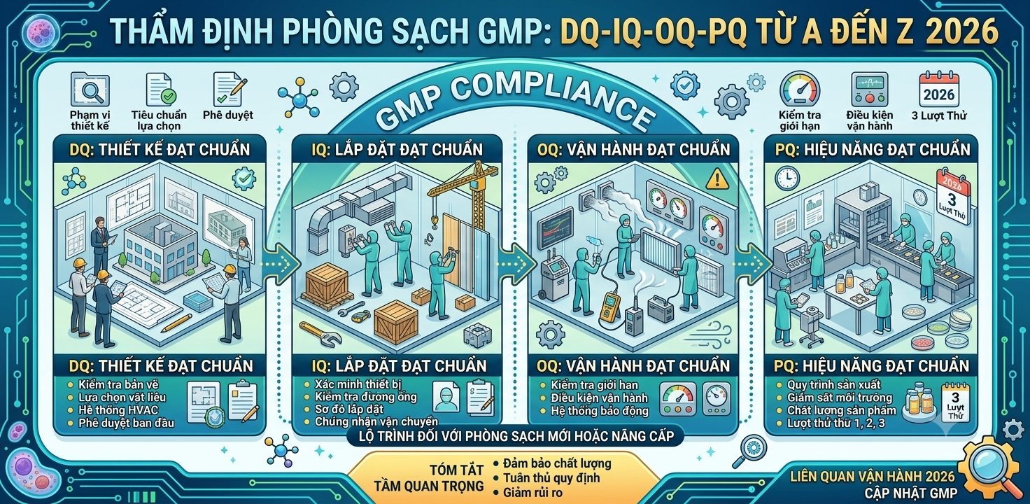 Thẩm định phòng sạch GMP Dược phẩm - Quy trình DQ-IQ-OQ-PQ từ A đến Z năm 2026