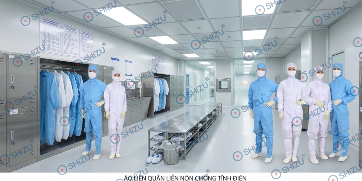 Bộ áo liền quần liền nón chống tĩnh điện phòng sạch Dược phẩm | SHiZU CLEANROOM