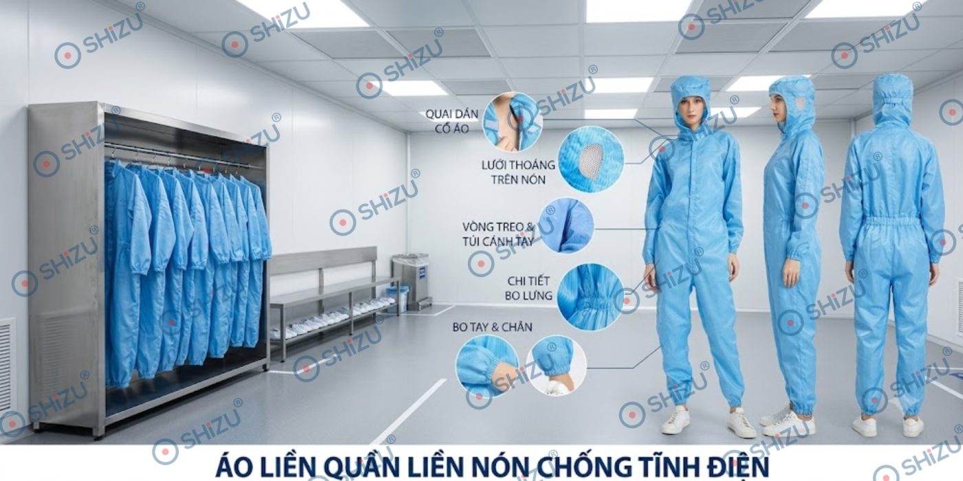Cấu tạo của Áo liền quần liền nón chống tĩnh điện phòng sạch | SHiZU CLEANROOM