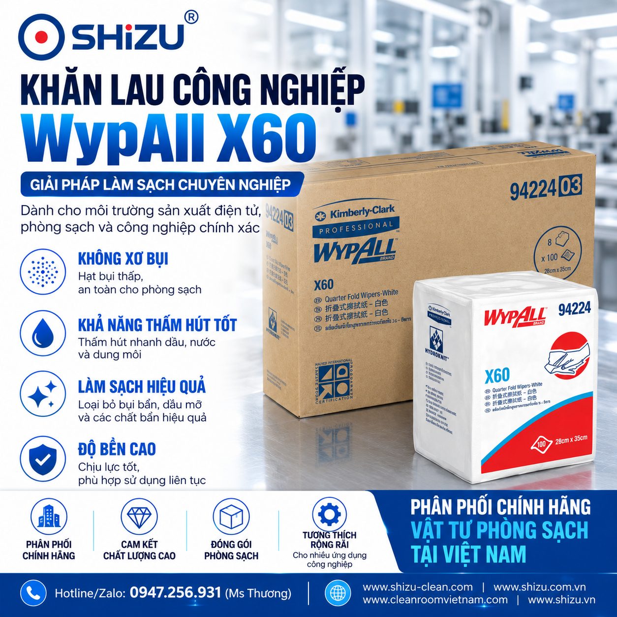 Giấy thấm dầu WypAll X60 do SHiZU phân phối tại Việt Nam