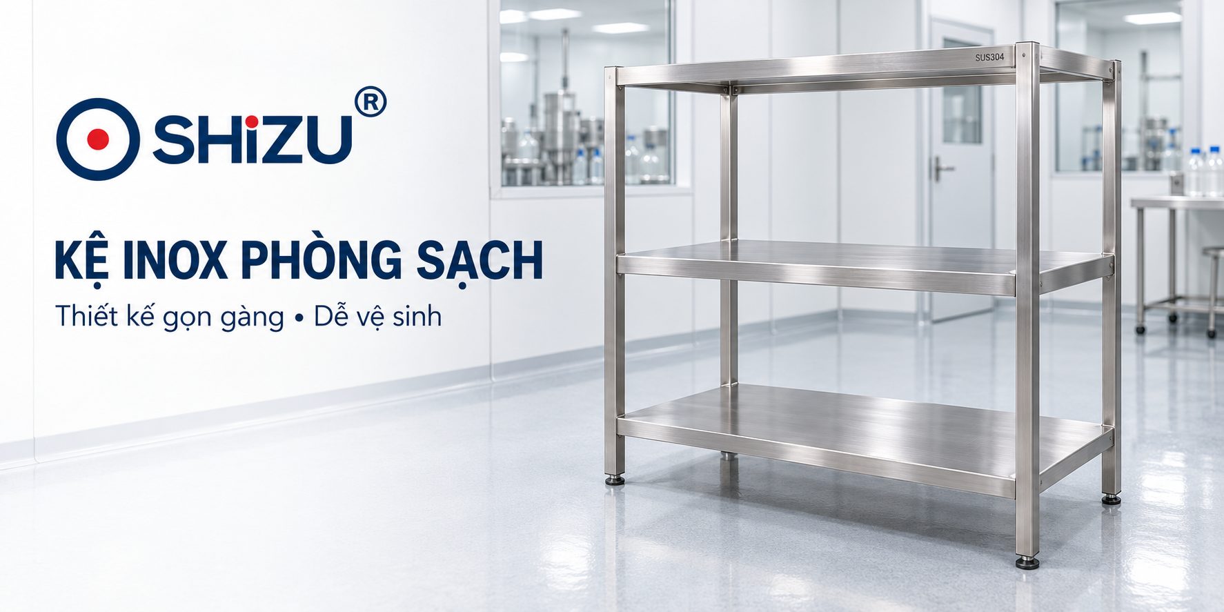 Hình minh họa kệ inox phòng sạch ba tầng mặt phẳng SHiZU