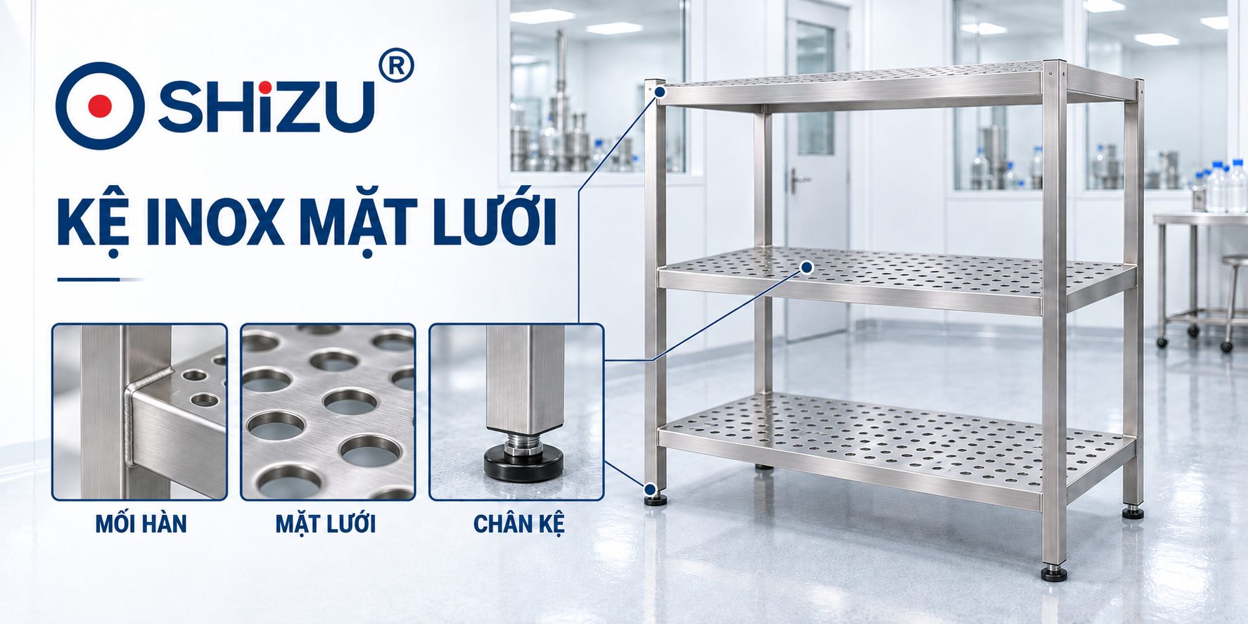 Hình minh họa kệ inox mặt tấm đột lỗ với các chi tiết mối hàn, chân kệ
