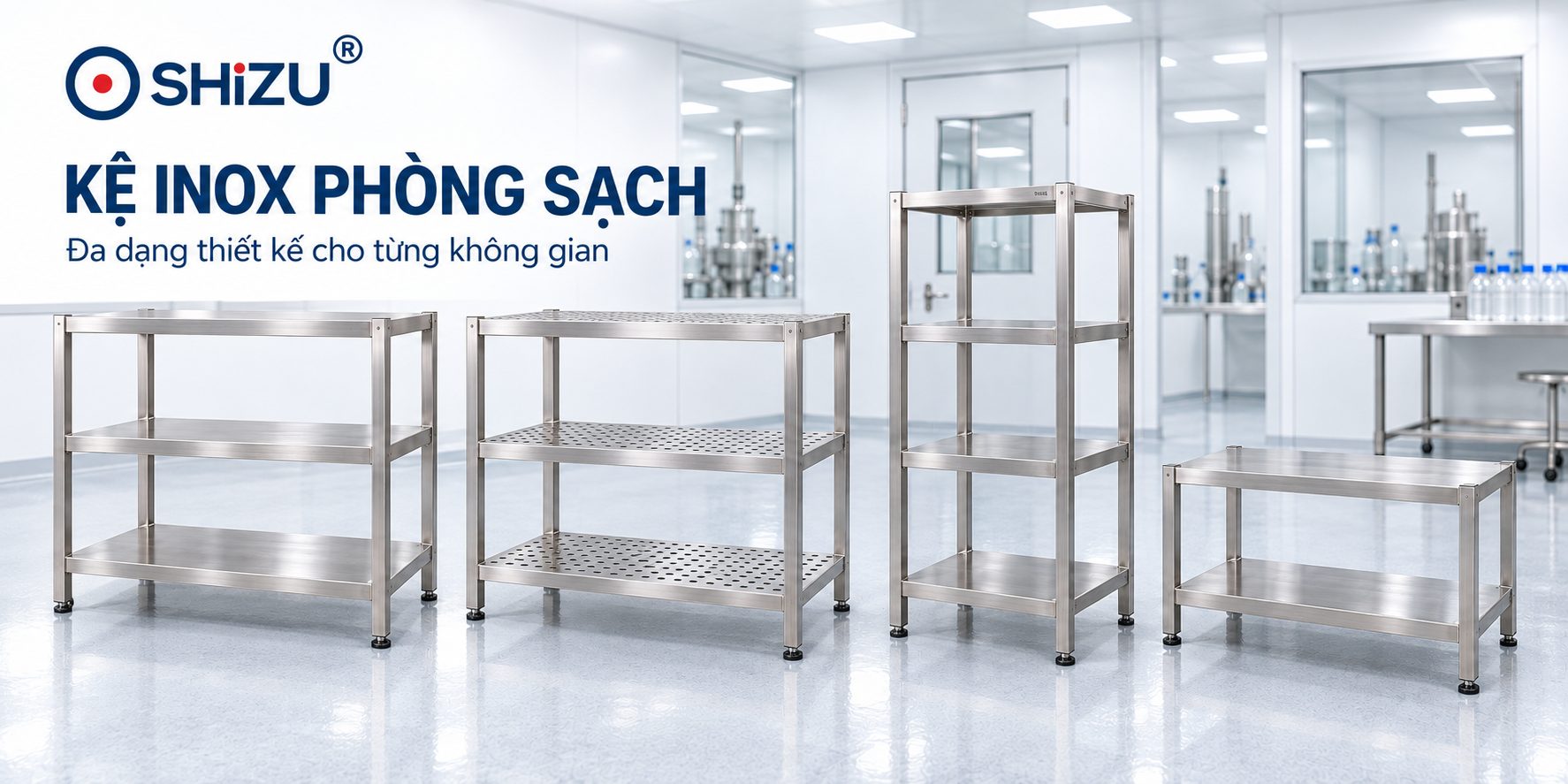 Hình minh họa các kiểu kệ inox phòng sạch mặt phẳng và tấm đột lỗ SHiZU