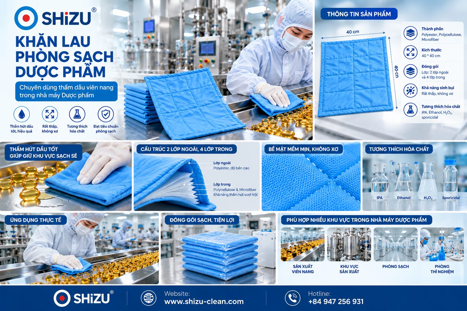 Khăn lau phòng sạch dược phẩm 4 lớp SHiZU dùng ở khu vực viên nang