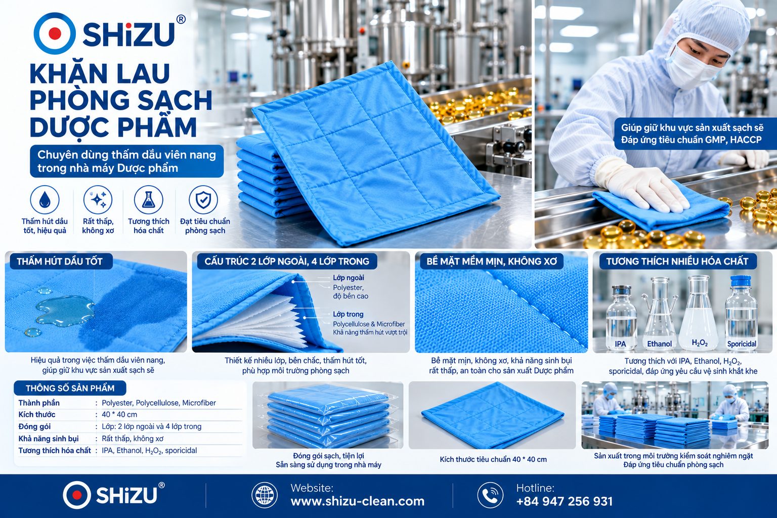Cấu trúc và bề mặt khăn lau phòng sạch dược phẩm 4 lớp