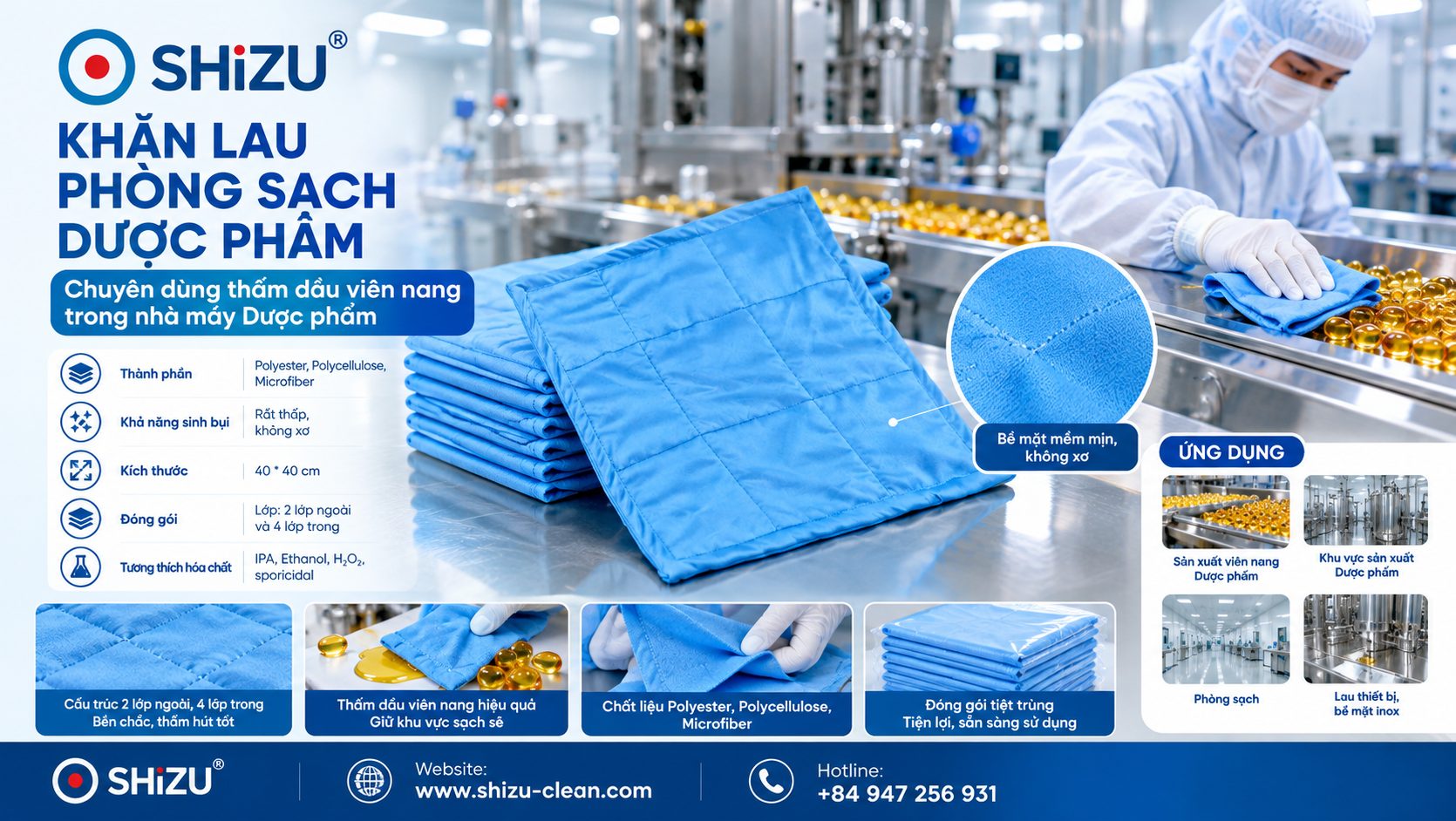 Khăn lau phòng sạch dược phẩm 4 lớp hỗ trợ lau dầu viên nang