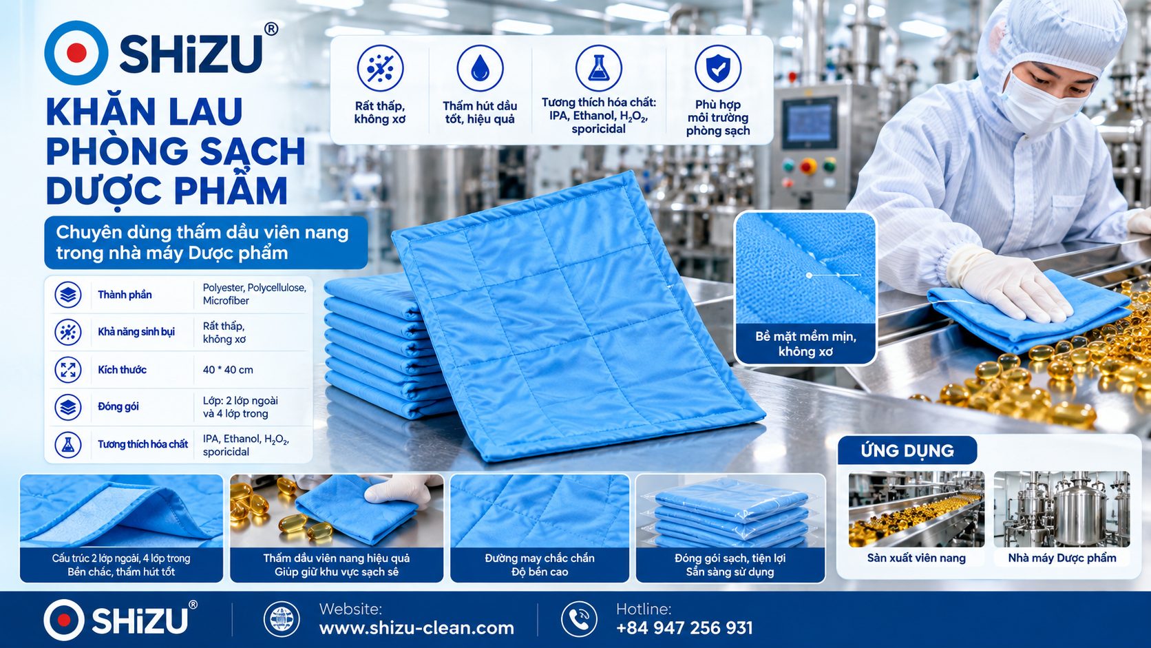 Bao gói và ứng dụng khăn lau phòng sạch dược phẩm 4 lớp SHiZU