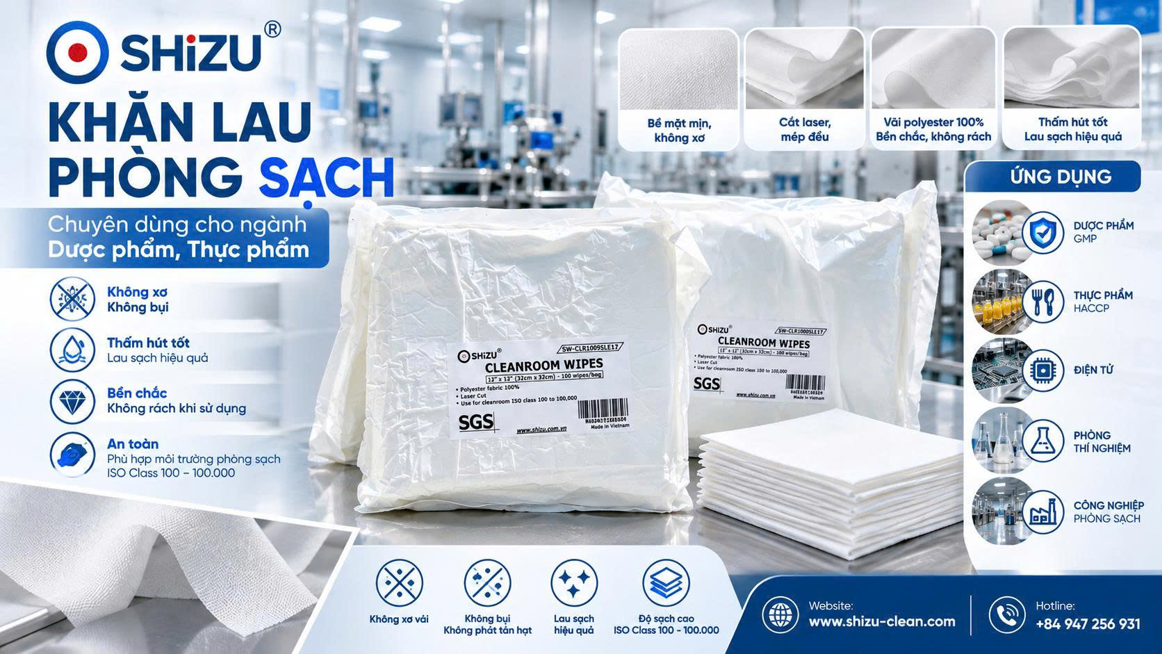 Bề mặt và bao gói khăn lau phòng sạch dược phẩm SHiZU