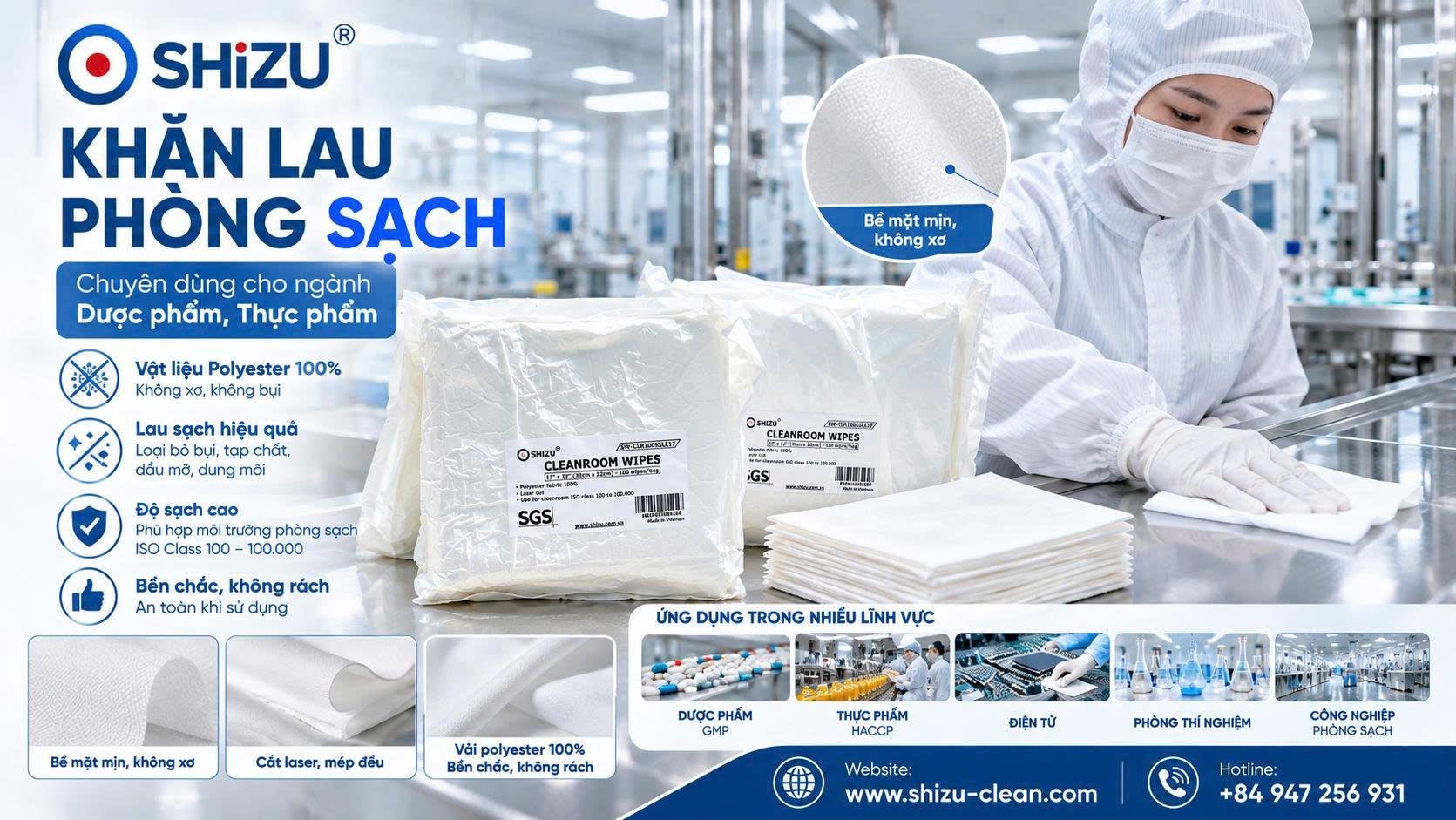 Khăn lau phòng sạch dược phẩm và hình minh họa ứng dụng