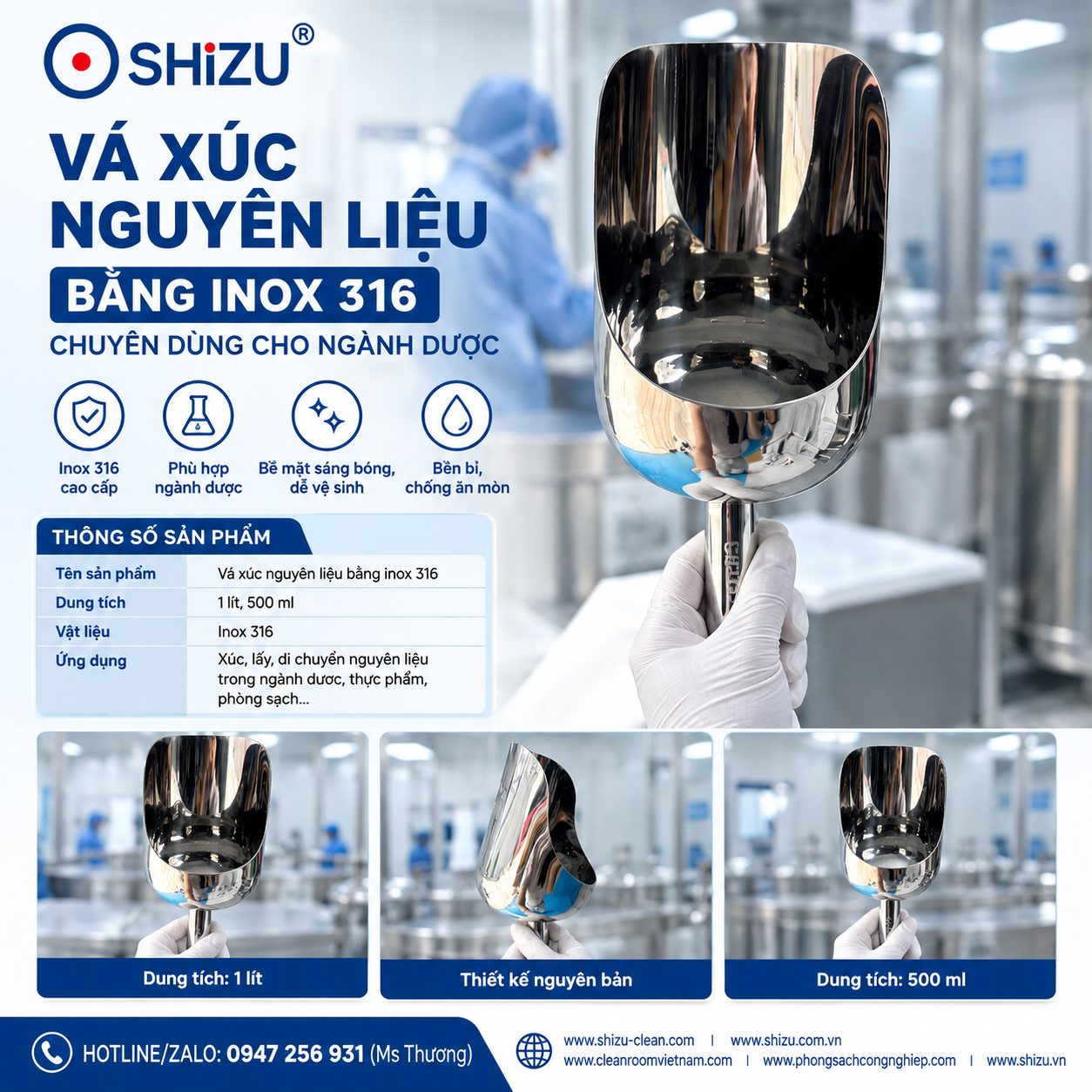 Vá xúc inox 316 ngành Dược với phần cán và lòng vá để đánh giá thao tác lấy nguyên liệu