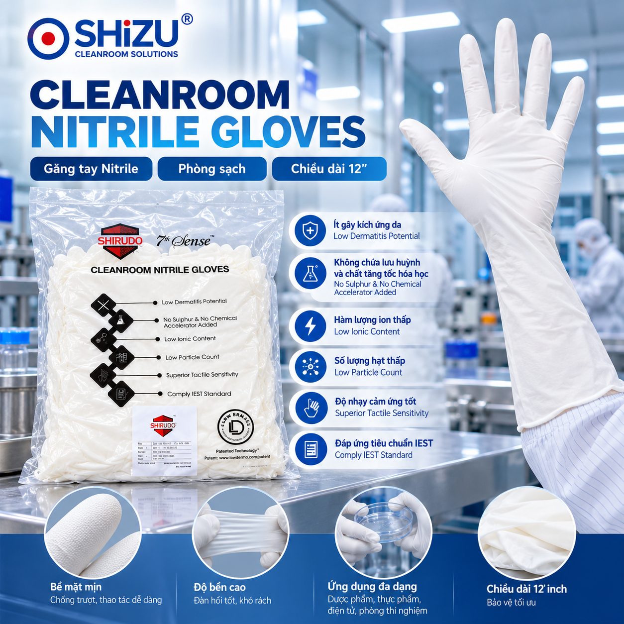 Găng tay nitrile phòng sạch Shirudo 12 inch