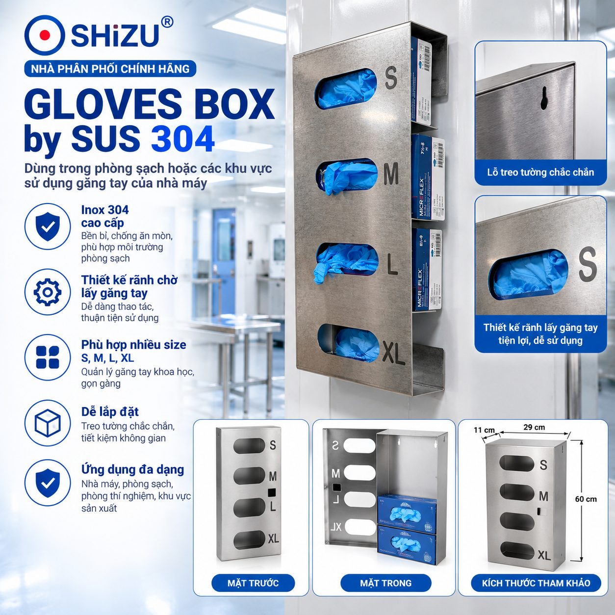 Hộp đựng găng tay inox 304 treo tường phòng sạch