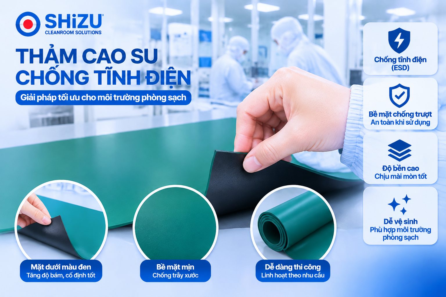 Thảm ESD Rubber Mat màu xanh với mặt dưới màu đen