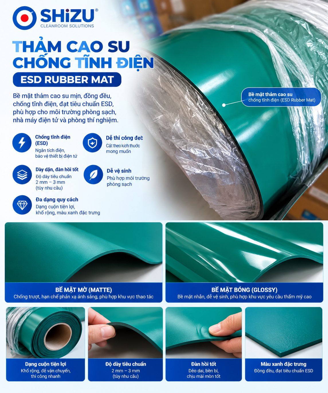Thảm cao su chống tĩnh điện mặt bóng hay mặt mờ? 7 tiêu chí chọn