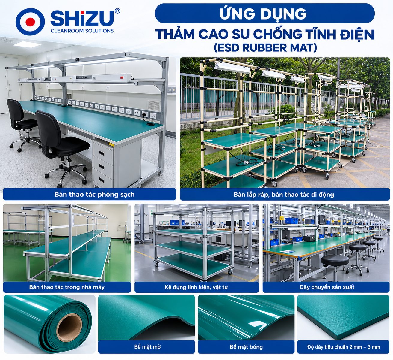 Ứng dụng thảm cao su chống tĩnh điện trên bàn thao tác và kệ